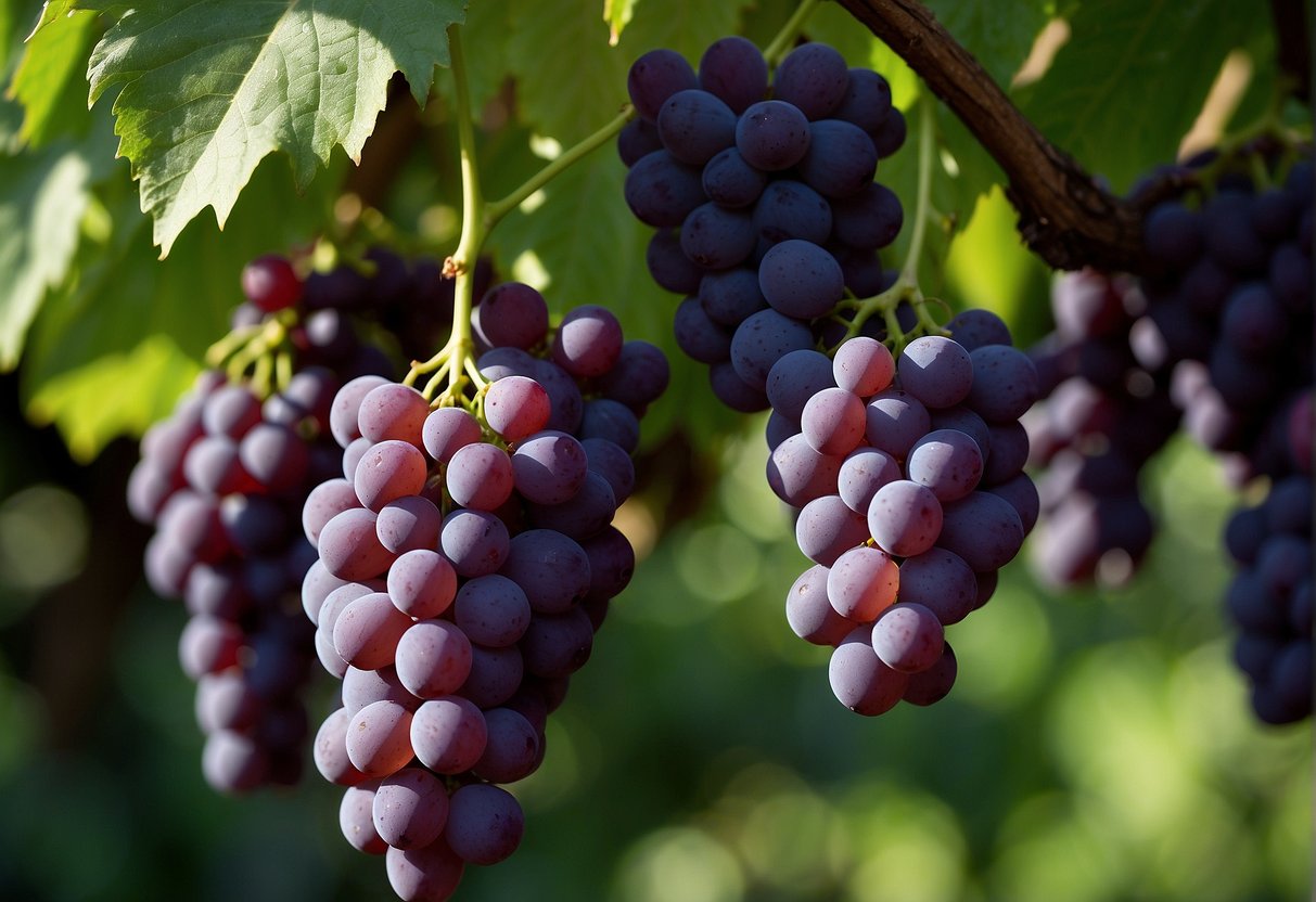 A cluster of ripe Angola grapes, rich in nutrients and bioactive compounds, sits on a vine, ready to be harvested. The vibrant purple and green colors of the grapes contrast against the lush green leaves of the vine