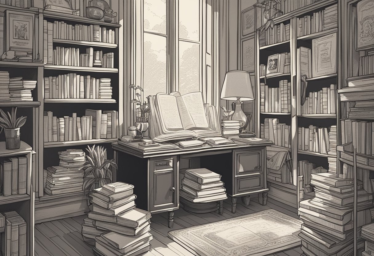 A cozy study with books and a desk, surrounded by vintage baby name books and a notepad filled with potential names