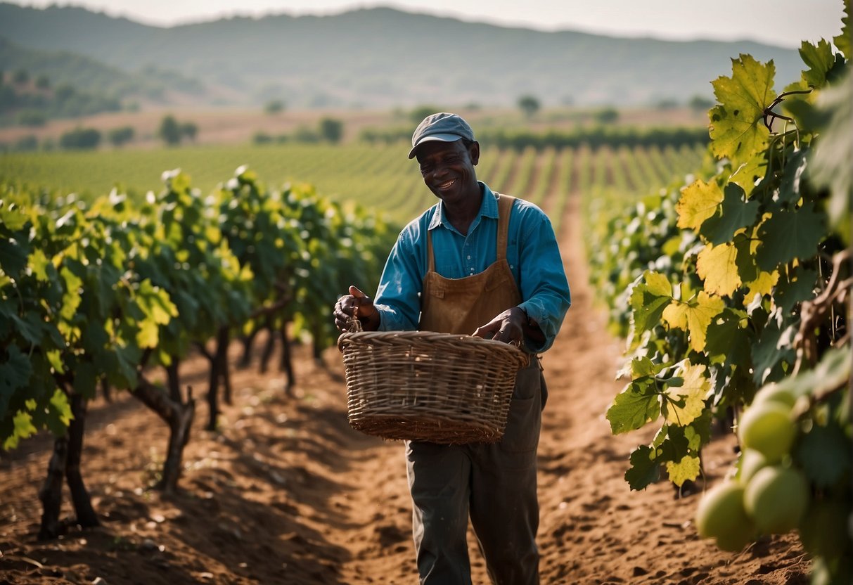 Vineyards in Angola, bustling with activity. Grapes being harvested and processed, symbolizing the cultural and economic impact of the fruit in the region