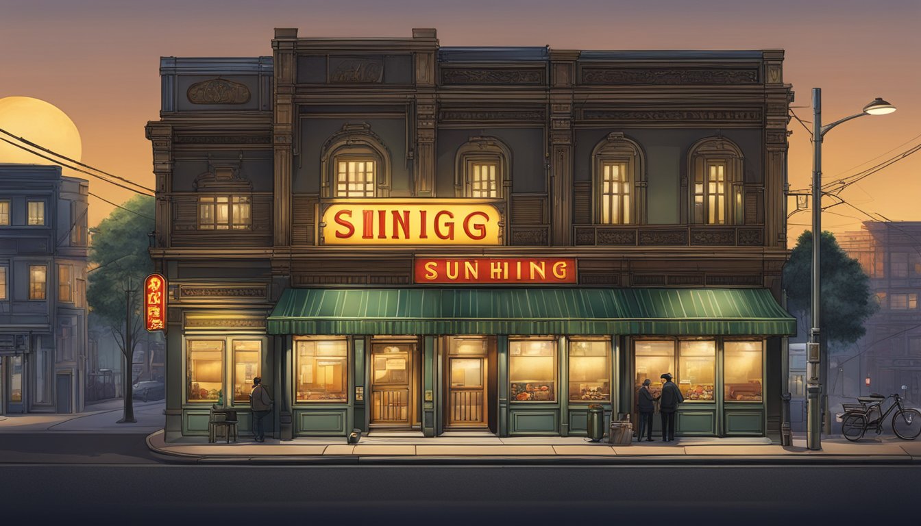The sun hing restaurant sign glows against a dark city backdrop, casting a warm, inviting light onto the bustling street below