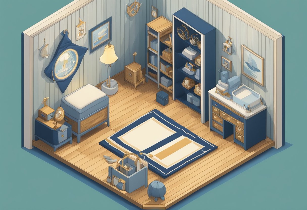 A sailor-themed nursery with nautical decor, anchor motifs, and a vintage sailor uniform displayed on the wall