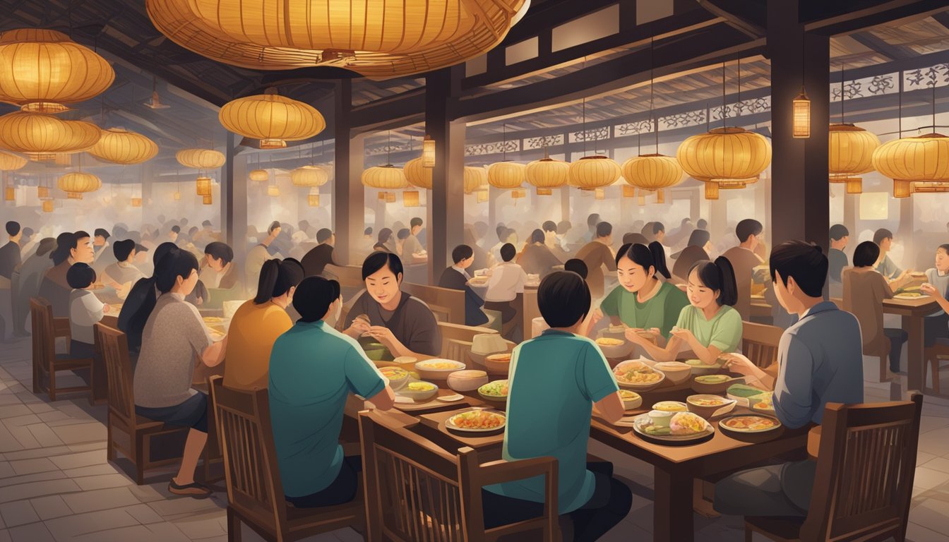 Customers dining in a bustling dim sum restaurant, surrounded by steaming bamboo baskets and the aroma of savory dishes