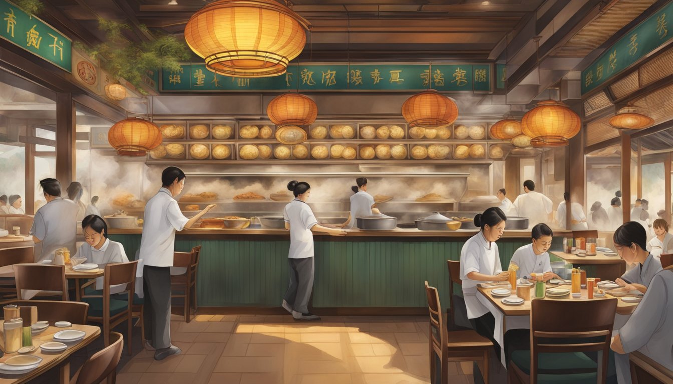 The bustling Sun Hing restaurant: steaming dim sum carts, bustling waitstaff, and the aroma of sizzling woks filling the air