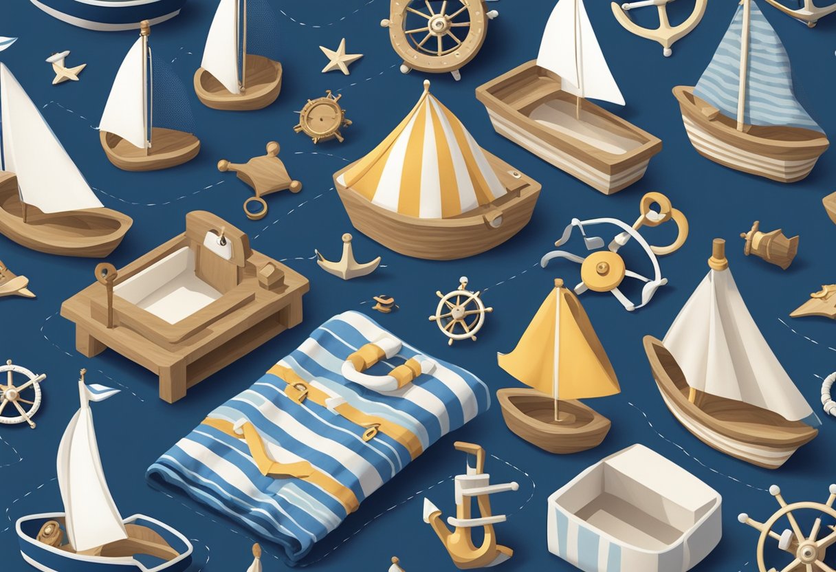 A group of nautical-themed baby items arranged on a table, including sailor hats, anchor-patterned blankets, and tiny boat models