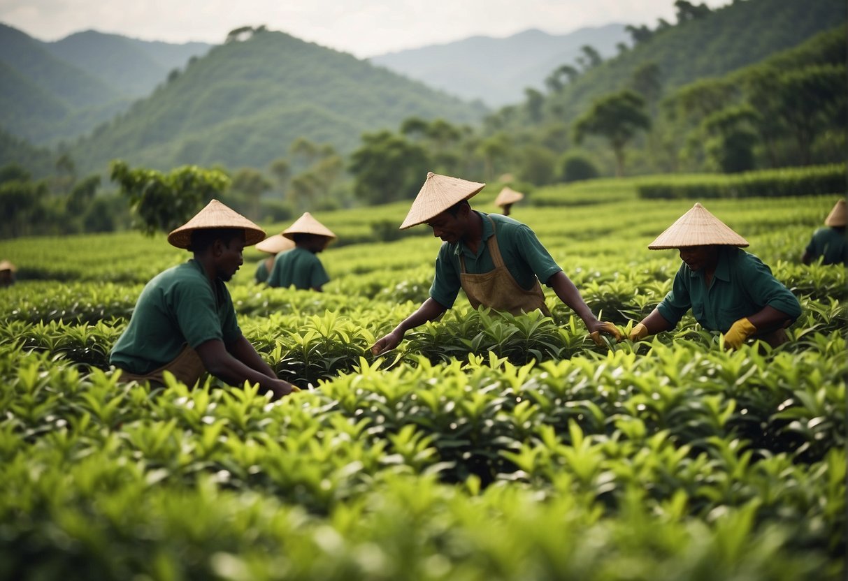 A lush green tea plantation in Angola, with workers harvesting leaves. The tea is popular and culturally significant, reflecting the health benefits of green tea