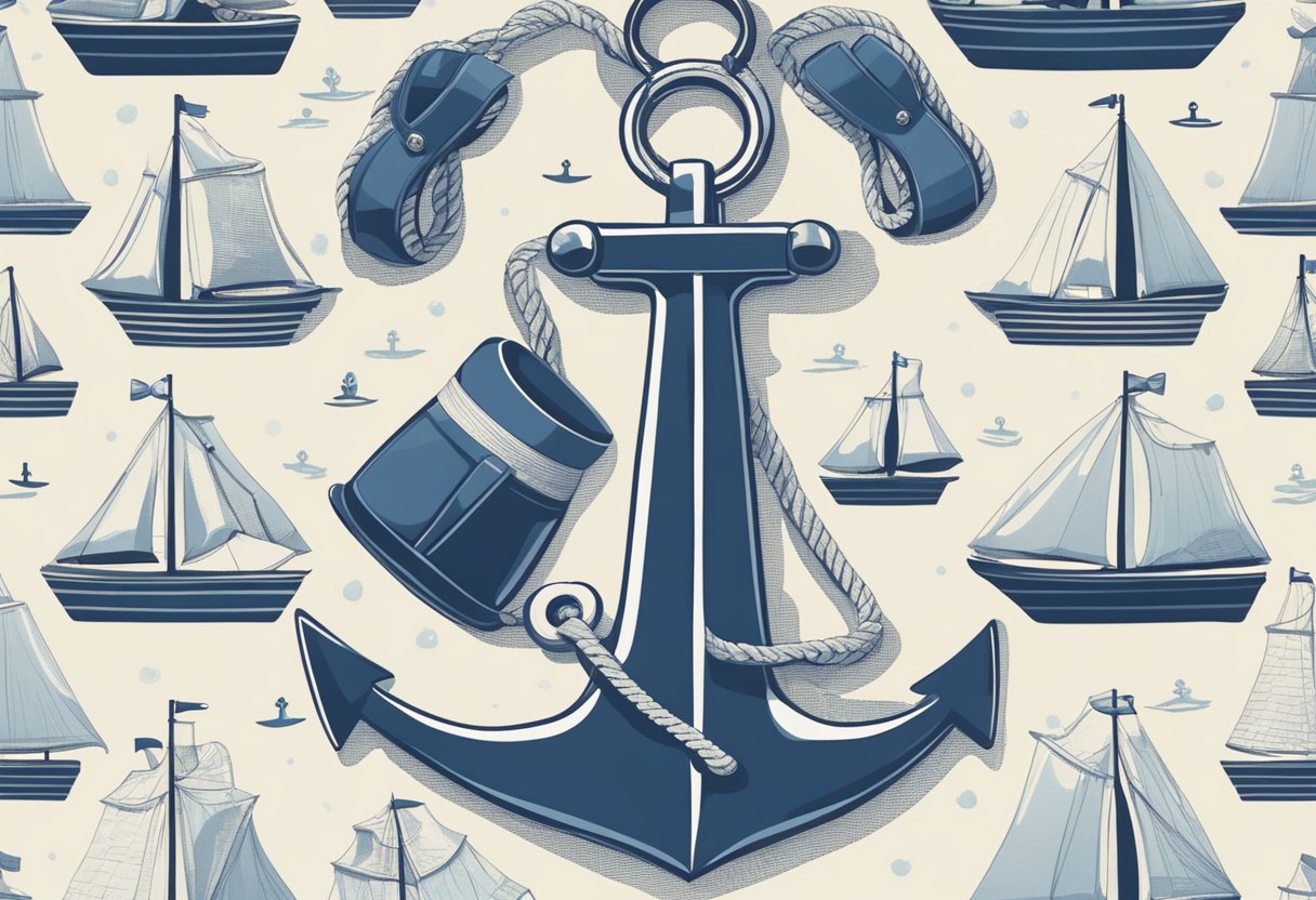 A sailor's hat and anchor motif decorate a nursery wall, surrounded by nautical-themed baby items
