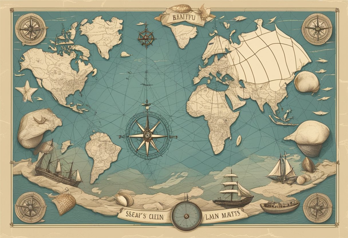 A vintage map of the ocean with a compass rose, a sailor's knot, and a ship's wheel, surrounded by seashells and a message in a bottle
