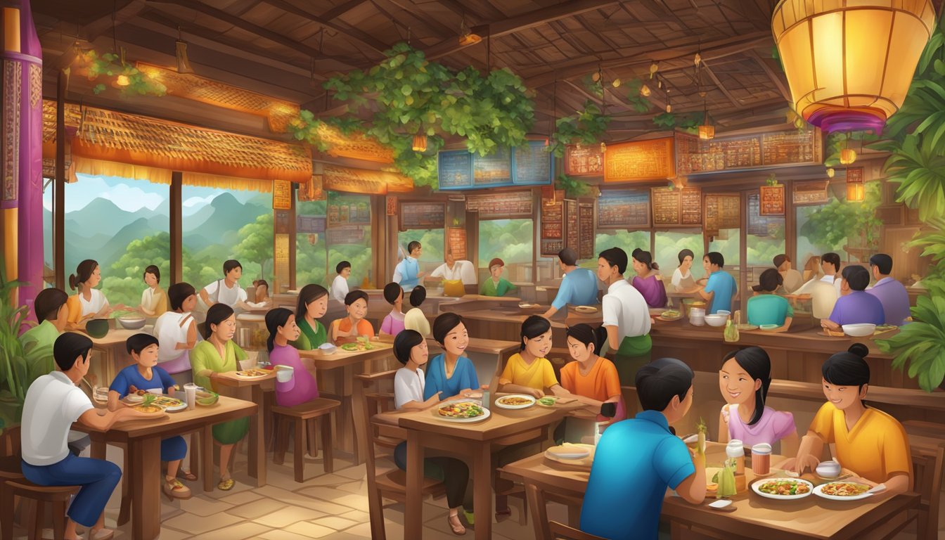 A bustling Thai Village restaurant with colorful decor and a variety of mouthwatering dishes displayed on the menu board