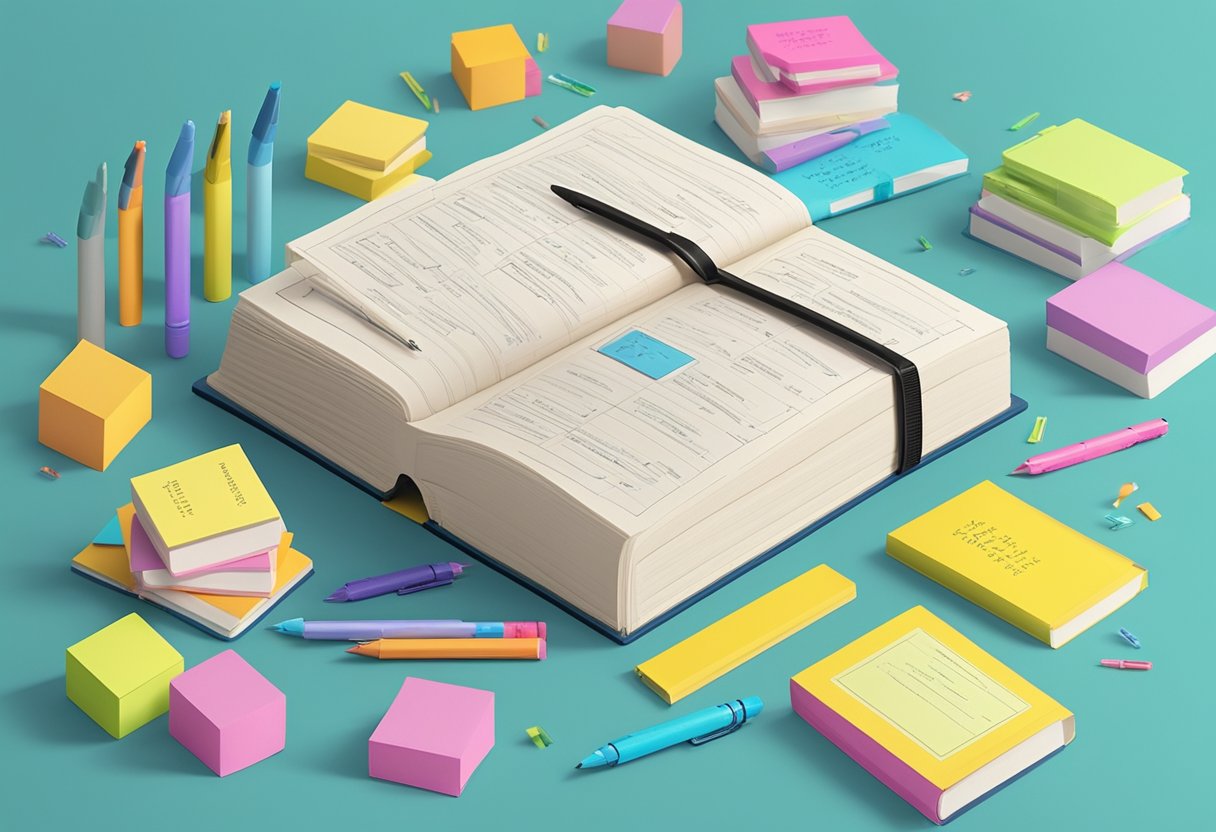 A stack of baby name books sits on a desk, surrounded by colorful pens and sticky notes. The pages are filled with handwritten notes and underlined names