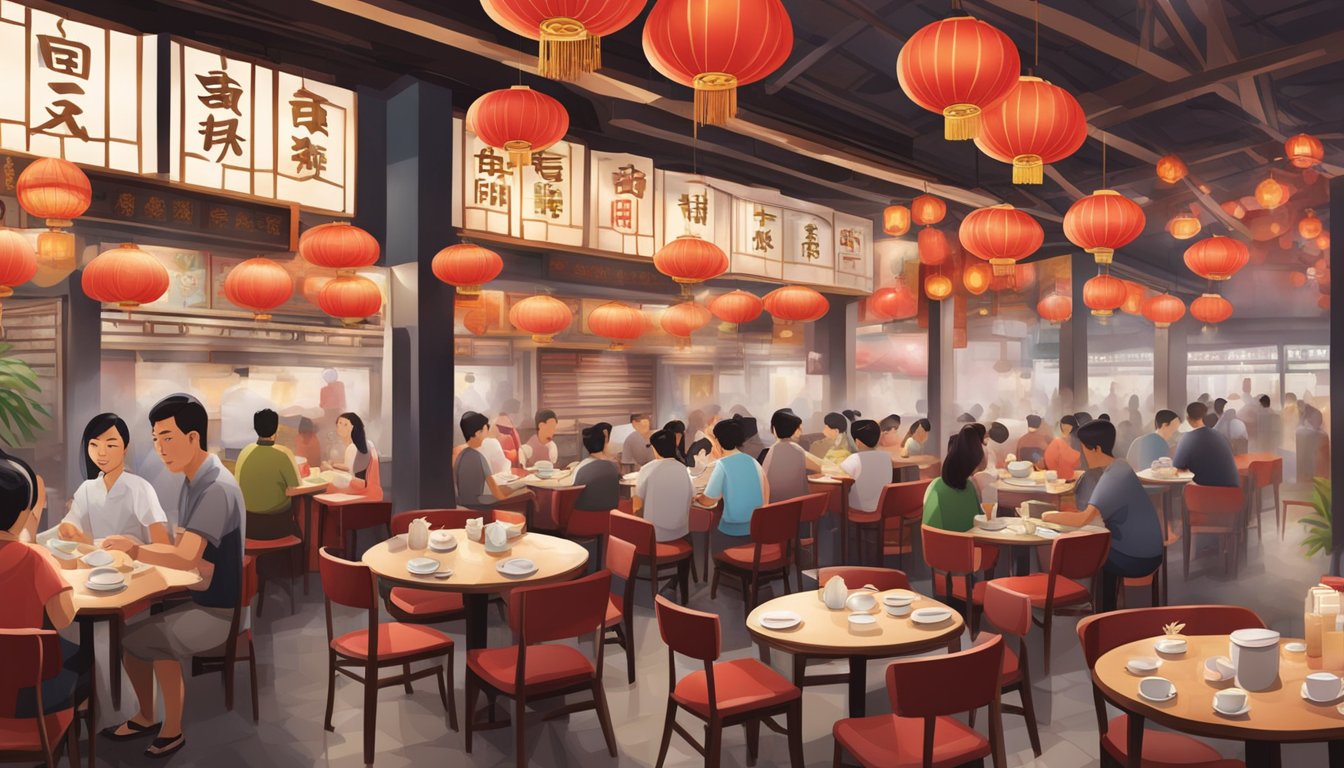 A bustling Toa Payoh Chinese restaurant with red lanterns, round tables, and steaming dim sum carts