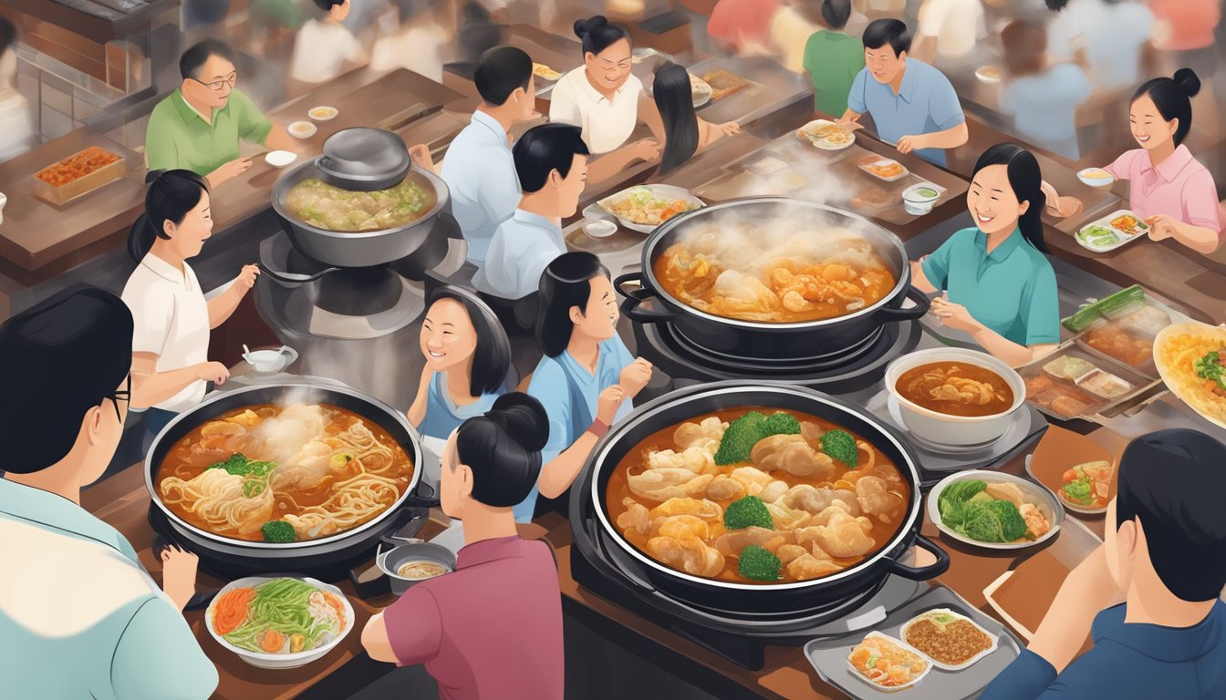 Customers enjoying a variety of traditional Chinese dishes at a bustling Toa Payoh restaurant, with steaming hotpots, sizzling stir-fries, and fragrant dumplings filling the air