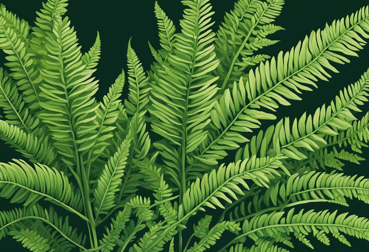 A lush green fern grows in the dappled sunlight of a tranquil forest clearing