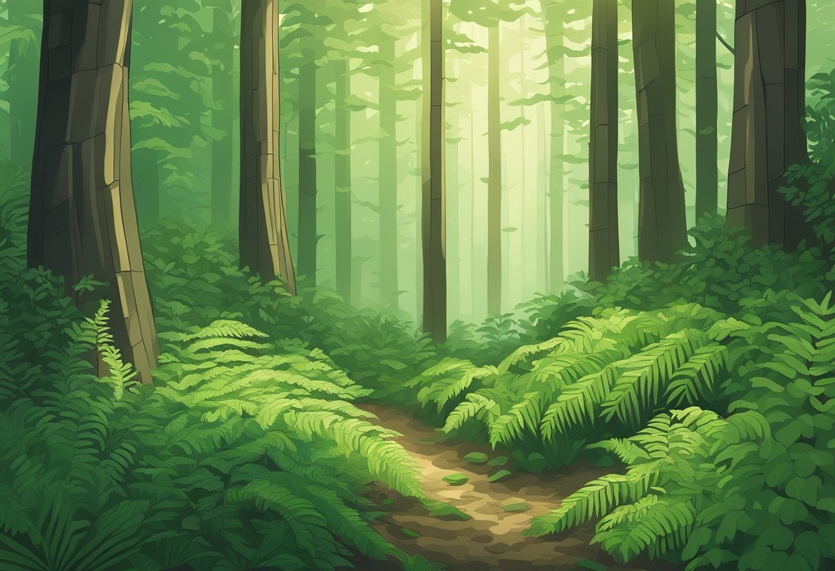 A lush green forest floor with delicate ferns unfurling in the dappled sunlight