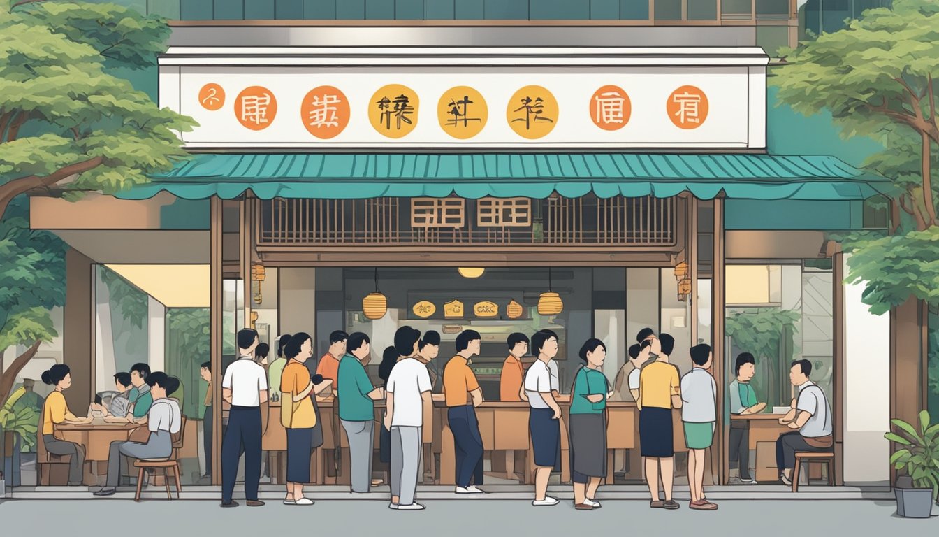 Customers lining up at the entrance of a bustling Toa Payoh Chinese restaurant, with a sign displaying "Frequently Asked Questions" prominently displayed