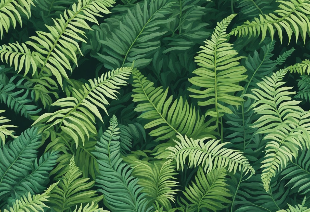 A lush green fern sways gently in a soft breeze, surrounded by other vibrant plant life