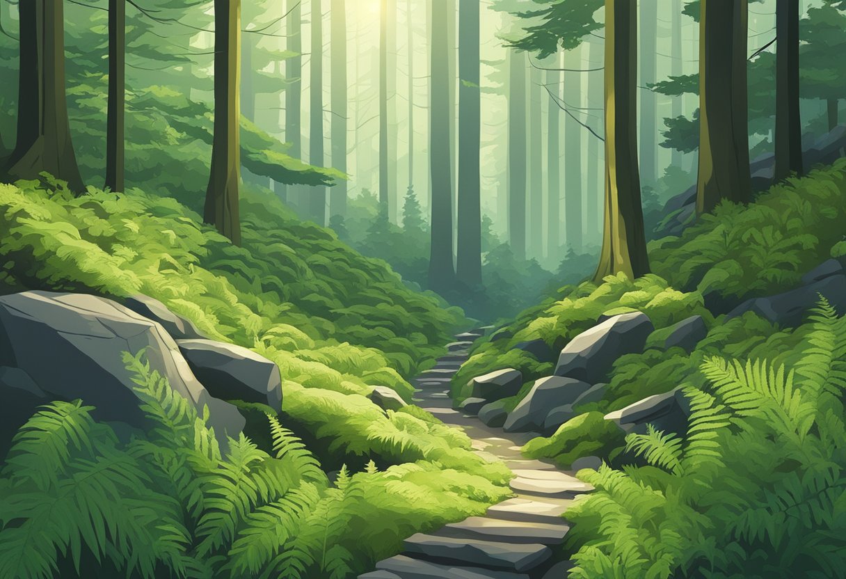 A serene forest clearing with sunlight filtering through lush ferns and moss-covered rocks