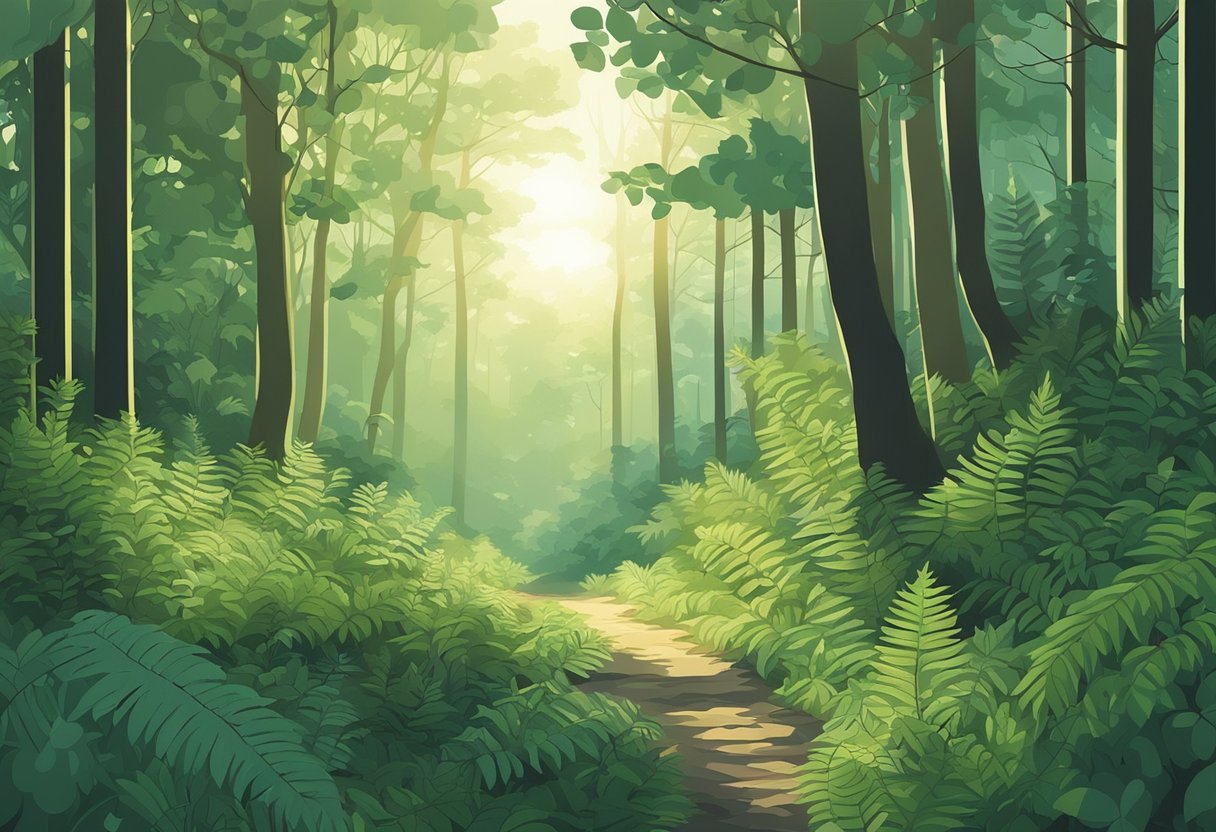 A serene forest clearing with sunlight filtering through the canopy, surrounded by delicate ferns and other lush greenery