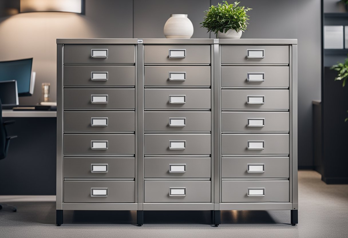A sleek, modern office file cabinet with multiple drawers and a lock, made of durable metal or wood, with clean lines and a professional finish