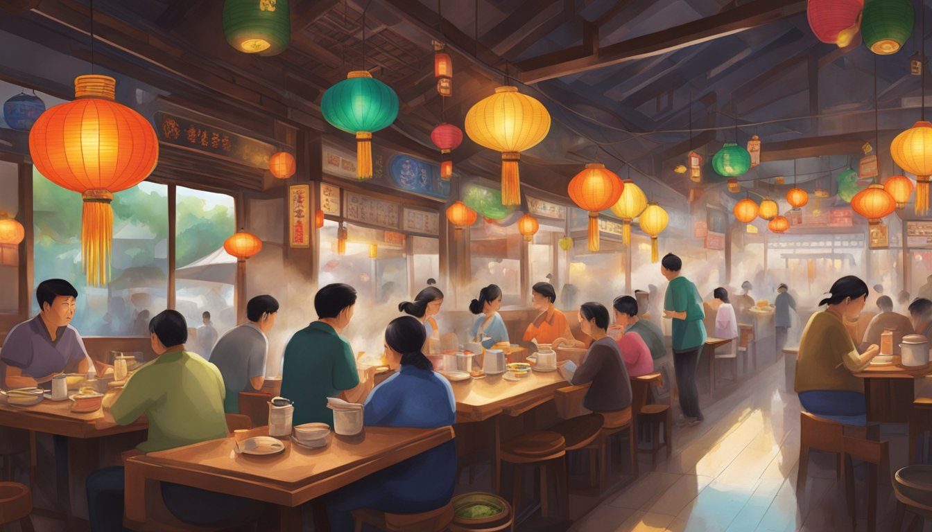 The bustling Wong Chiew restaurant, with colorful lanterns and steaming woks, fills with the aroma of sizzling stir-fry and the chatter of diners