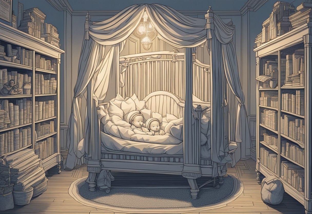 Classic literature titles surround a crib, as if whispering to the sleeping baby within. A sense of literary history and tradition fills the room