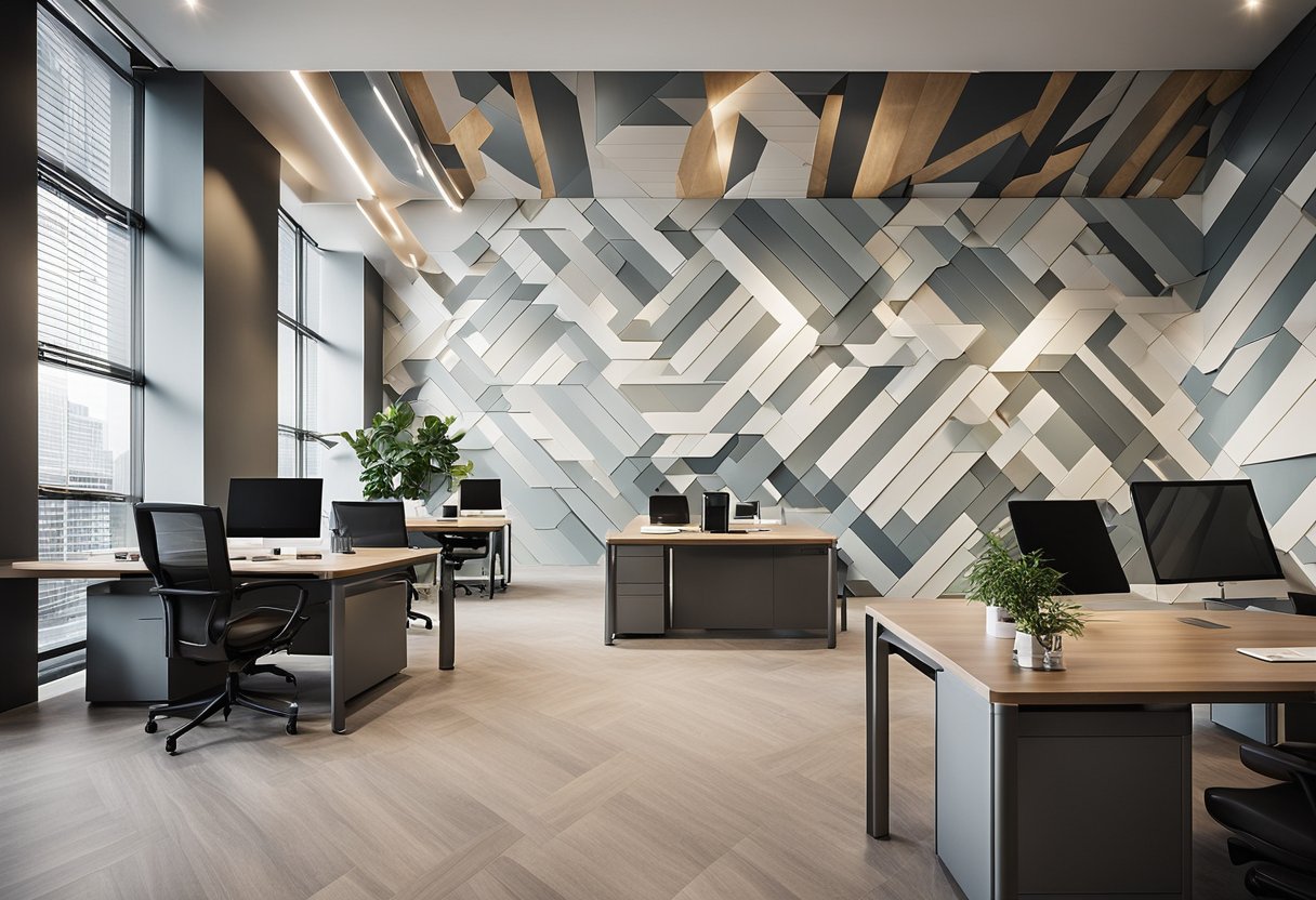 A modern office with geometric laminate wall design in muted tones. Clean lines and abstract shapes create a professional and contemporary atmosphere