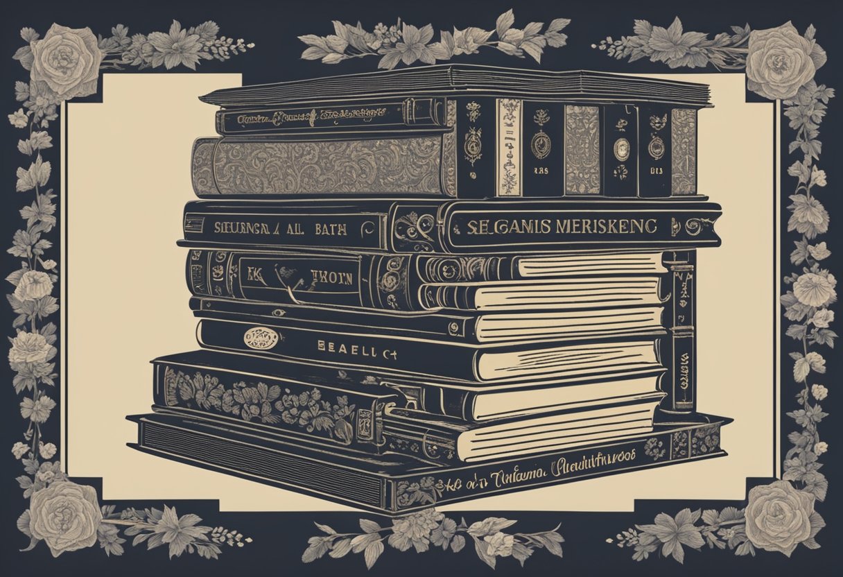 A stack of classic literature books with baby names written on the spines, surrounded by vintage floral patterns and antique typewriter keys