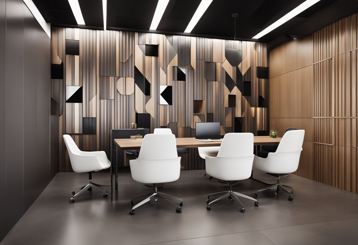 A modern office with sleek laminate wall designs in various patterns and colors, creating a dynamic and versatile workspace