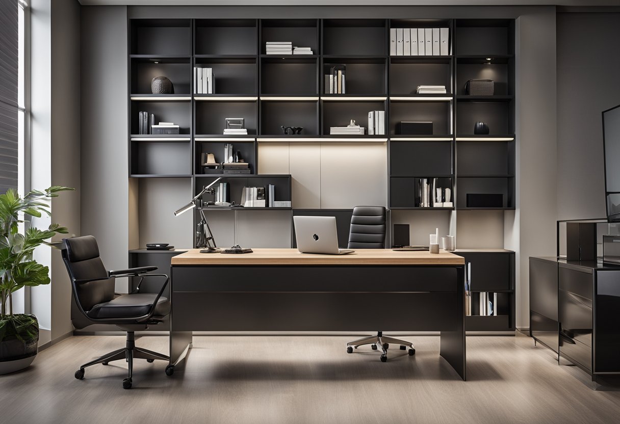 A sleek office wall with modern laminate design, featuring functional shelves and stylish accents