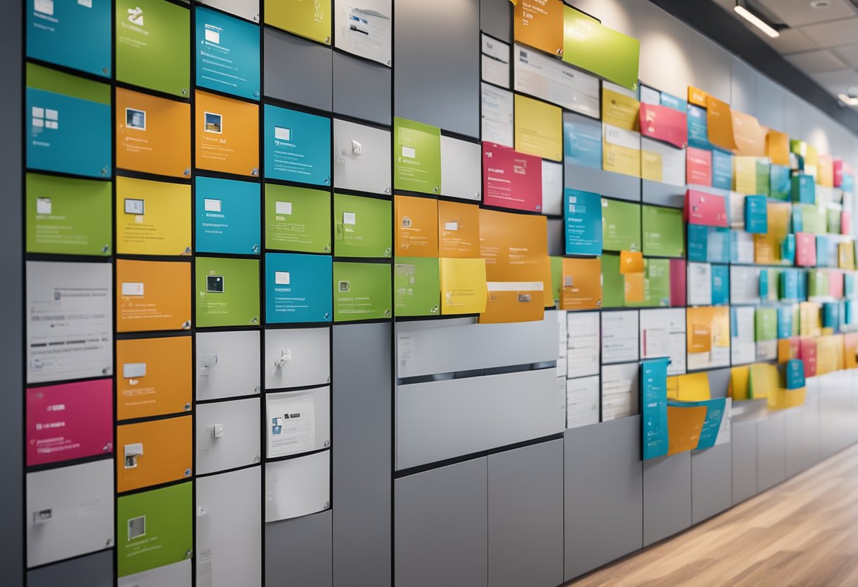 A colorful and organized office laminate wall design with clear headings and icons for frequently asked questions