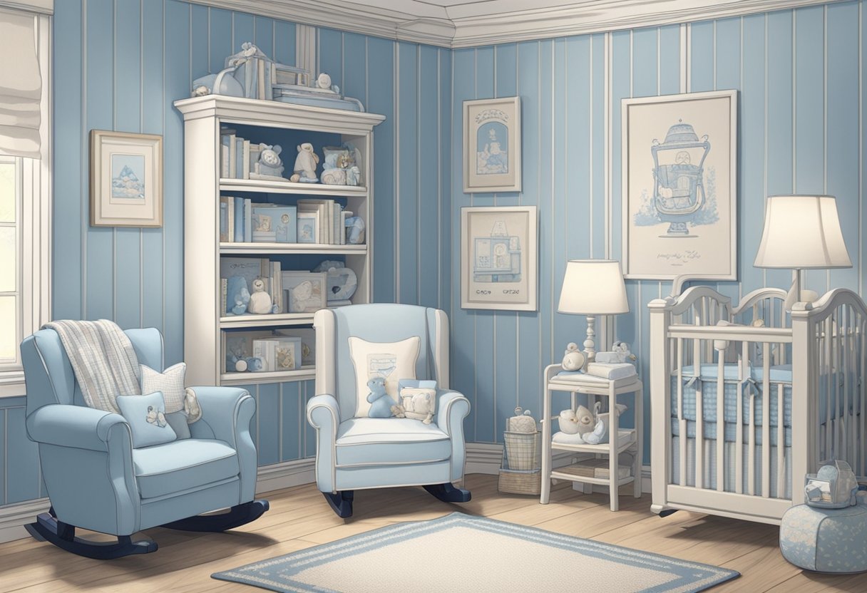 A vintage-themed nursery with a shelf of classic boy baby name books, a cozy rocking chair, and soft blue and white decor