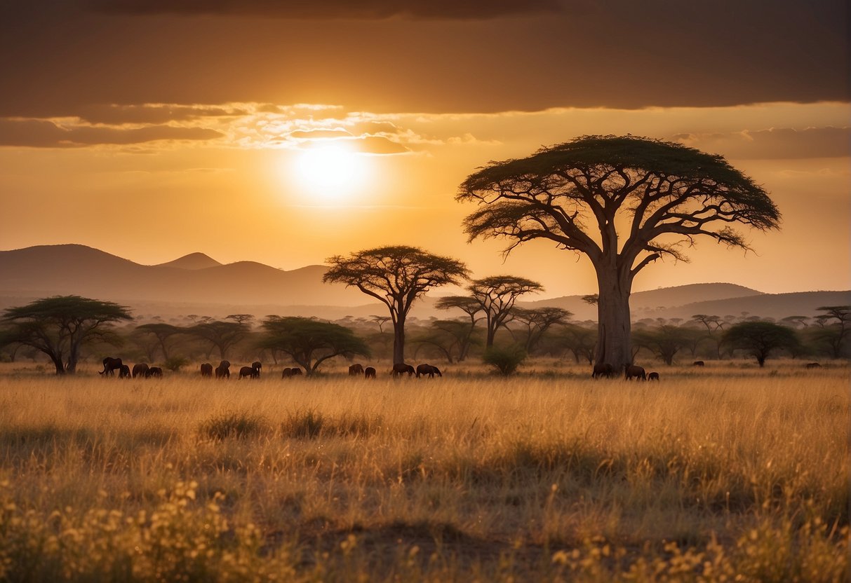 A vibrant savanna landscape with grazing wildlife, towering baobab trees, and a distant mountain range under a golden sunset in Angola