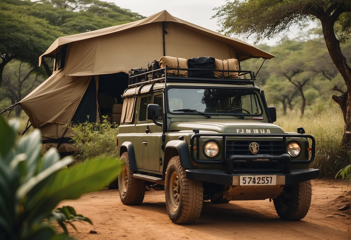 A safari lodge in Angola, surrounded by lush vegetation and wildlife. A safari vehicle parked outside, with a guide preparing for an adventure