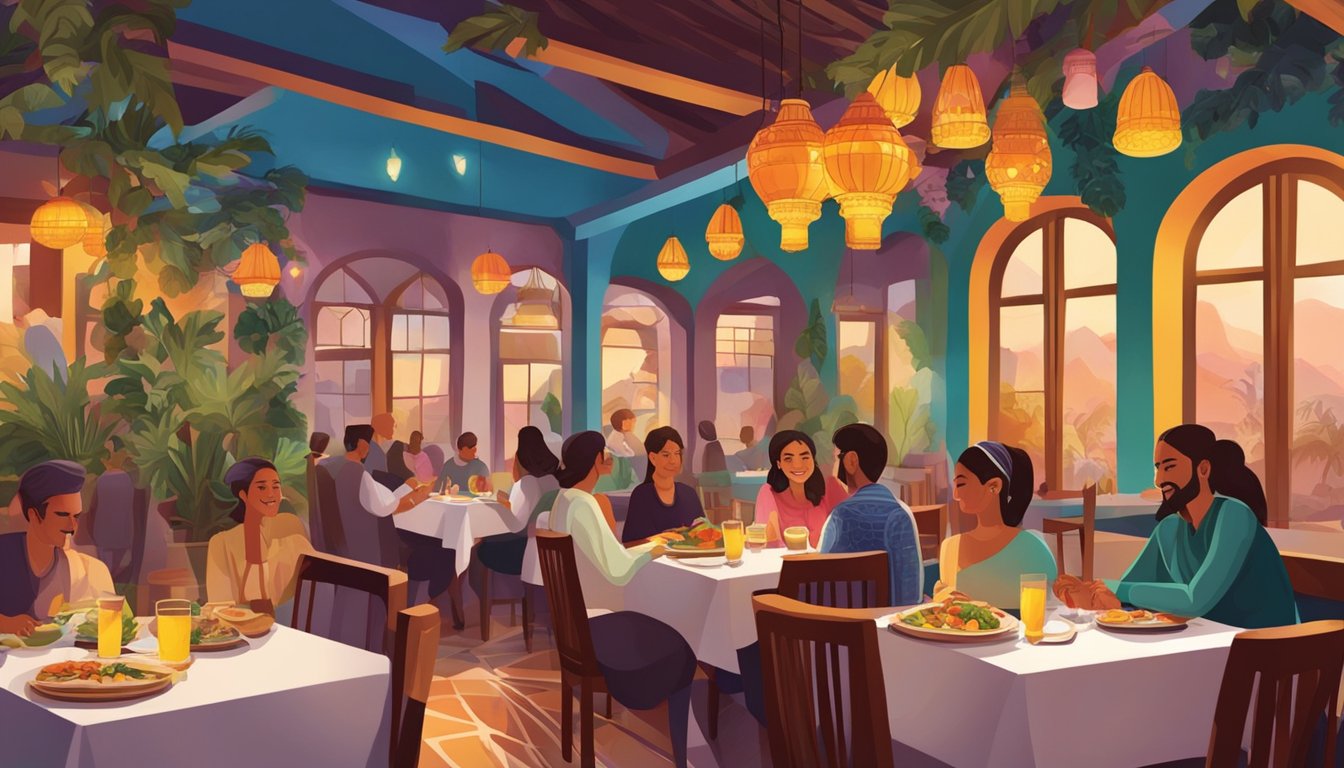 People dining in Zaituna Restaurant. Colorful decor, warm lighting, and aromatic food. Tables filled with delicious dishes