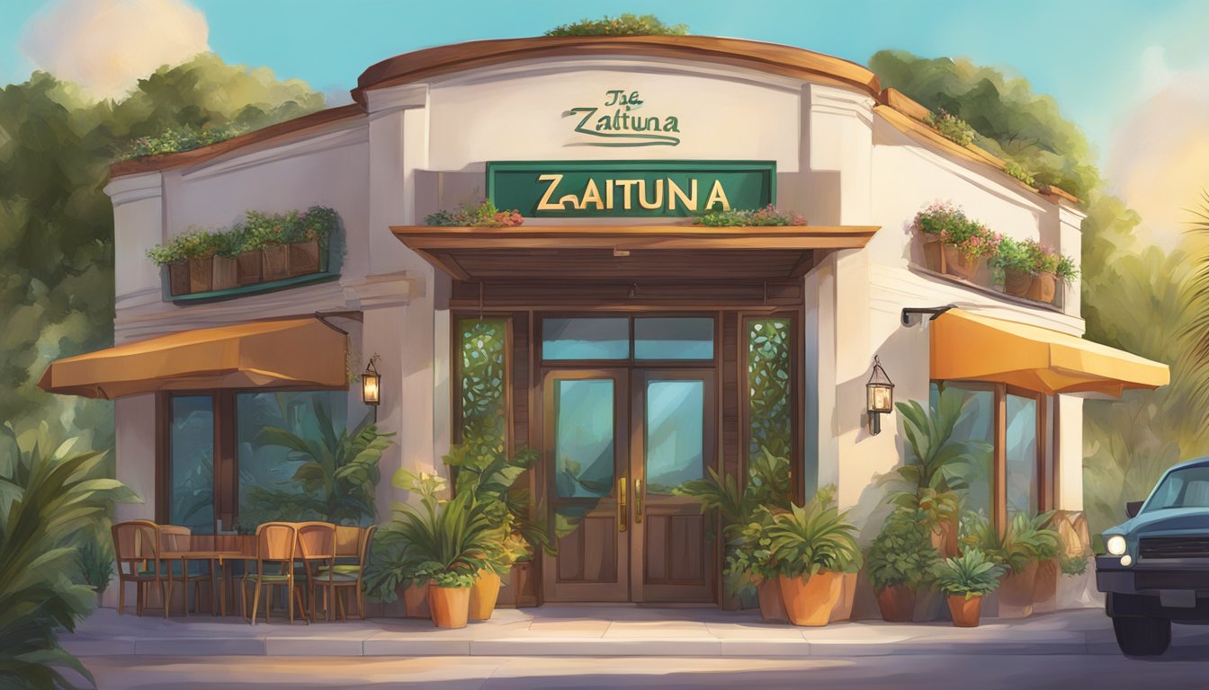 The exterior of Zaituna restaurant, with a sign showcasing special features and offers, surrounded by vibrant plants and inviting lighting