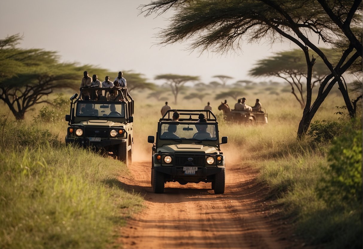 A safari vehicle drives through the lush Angolan savannah, with a guide pointing out wildlife to a group of tourists. Safety equipment is visible