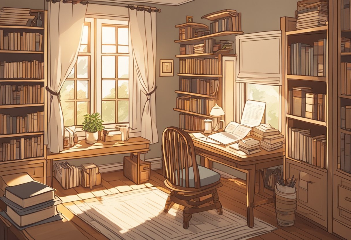 A cozy study with shelves of baby name books, a desk with a notepad and pen, and a cup of tea. Sunlight streams through the window, casting a warm glow on the room
