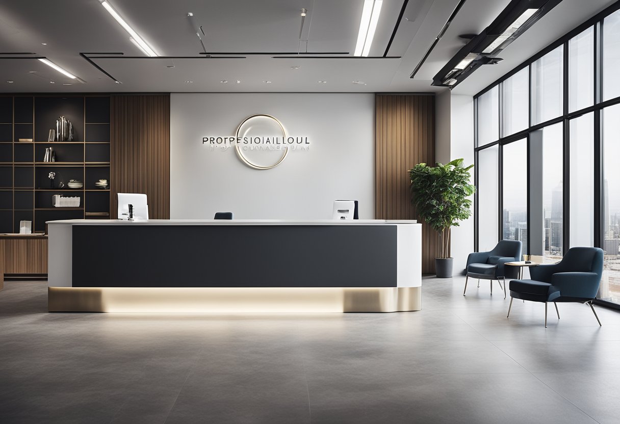 A modern office reception with sleek furniture, a minimalist color palette, and natural lighting from large windows. A polished reception desk with a company logo and comfortable seating for visitors
