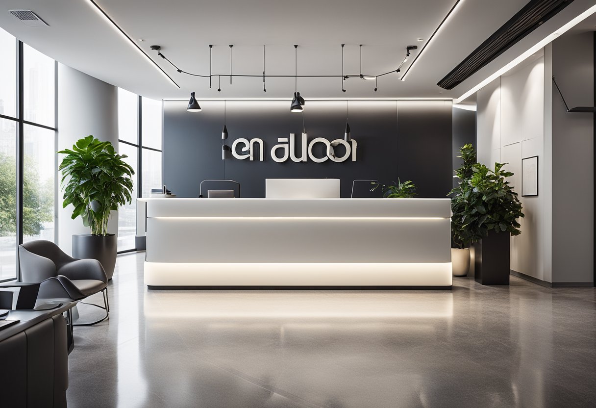 A modern office reception with sleek furniture, a large logo on the wall, and a welcoming desk area with a potted plant and stylish lighting