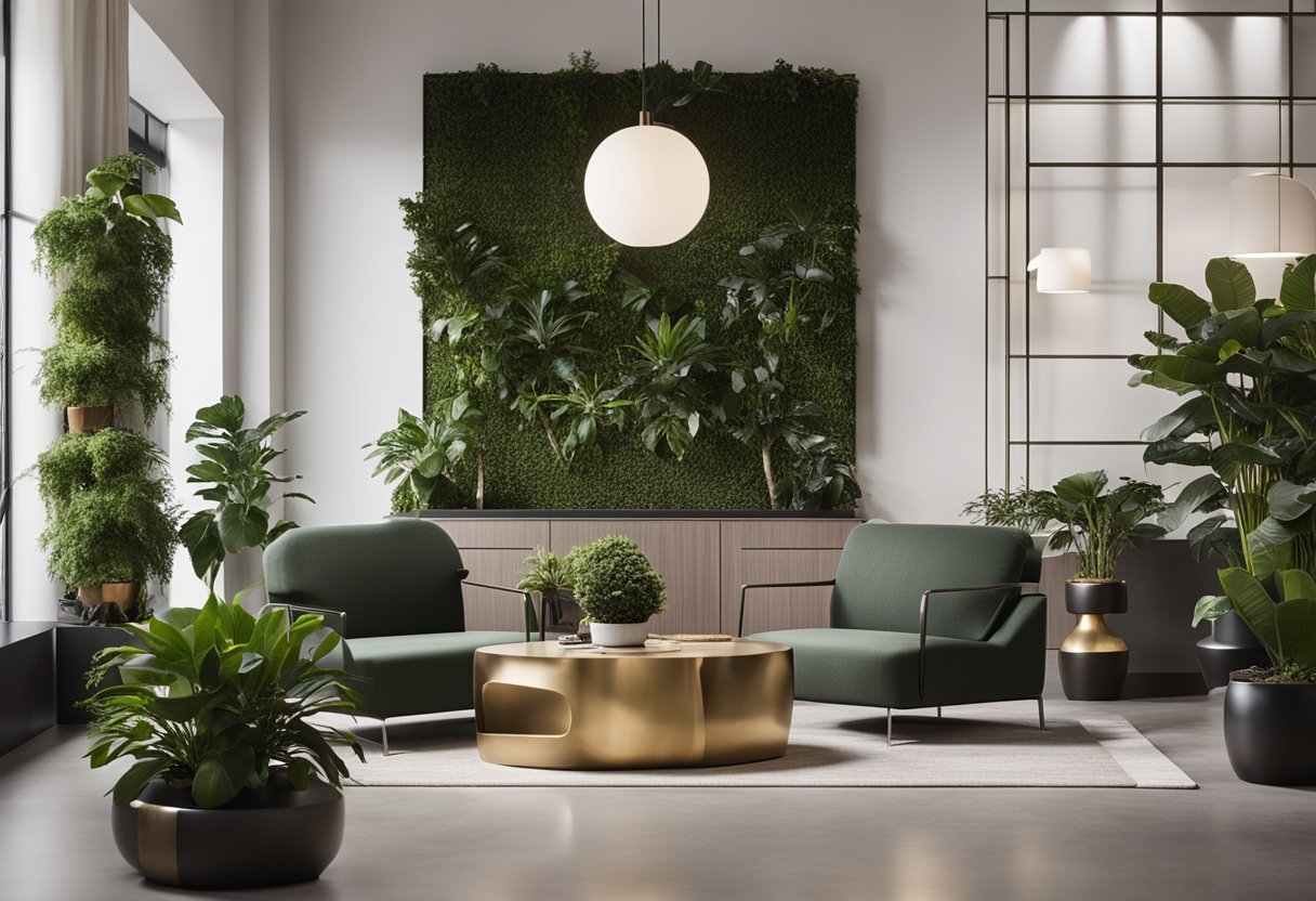 A designer arranges sleek furniture and modern decor in a reception area, adding plants and artwork for a polished, welcoming atmosphere