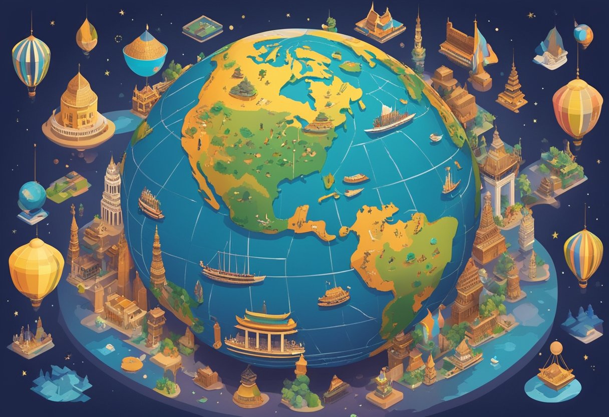 A colorful globe surrounded by various objects representing different cultures and countries, with baby names written in different languages floating around it