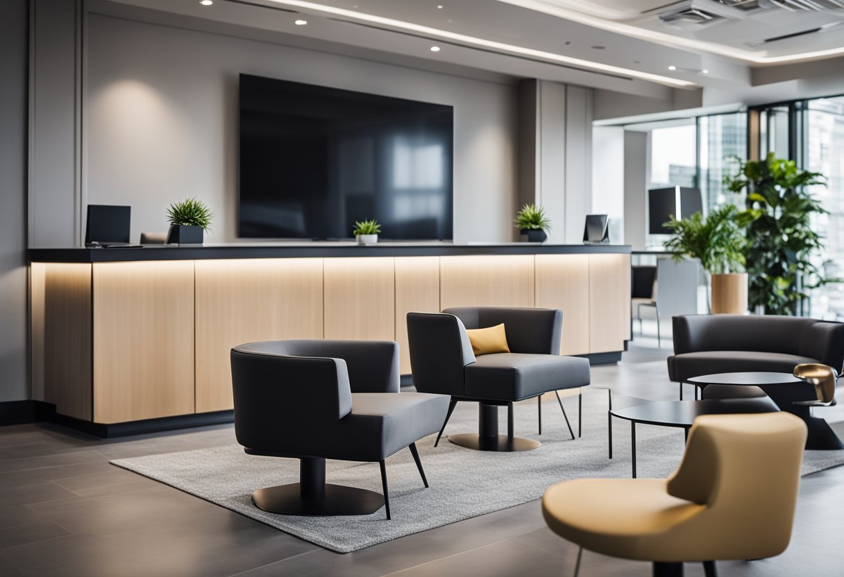 A modern reception area with sleek furniture, a clean and minimalist design, and a prominent display of frequently asked questions on a digital screen