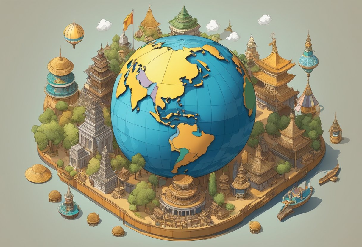 A globe surrounded by diverse objects representing different cultures and countries