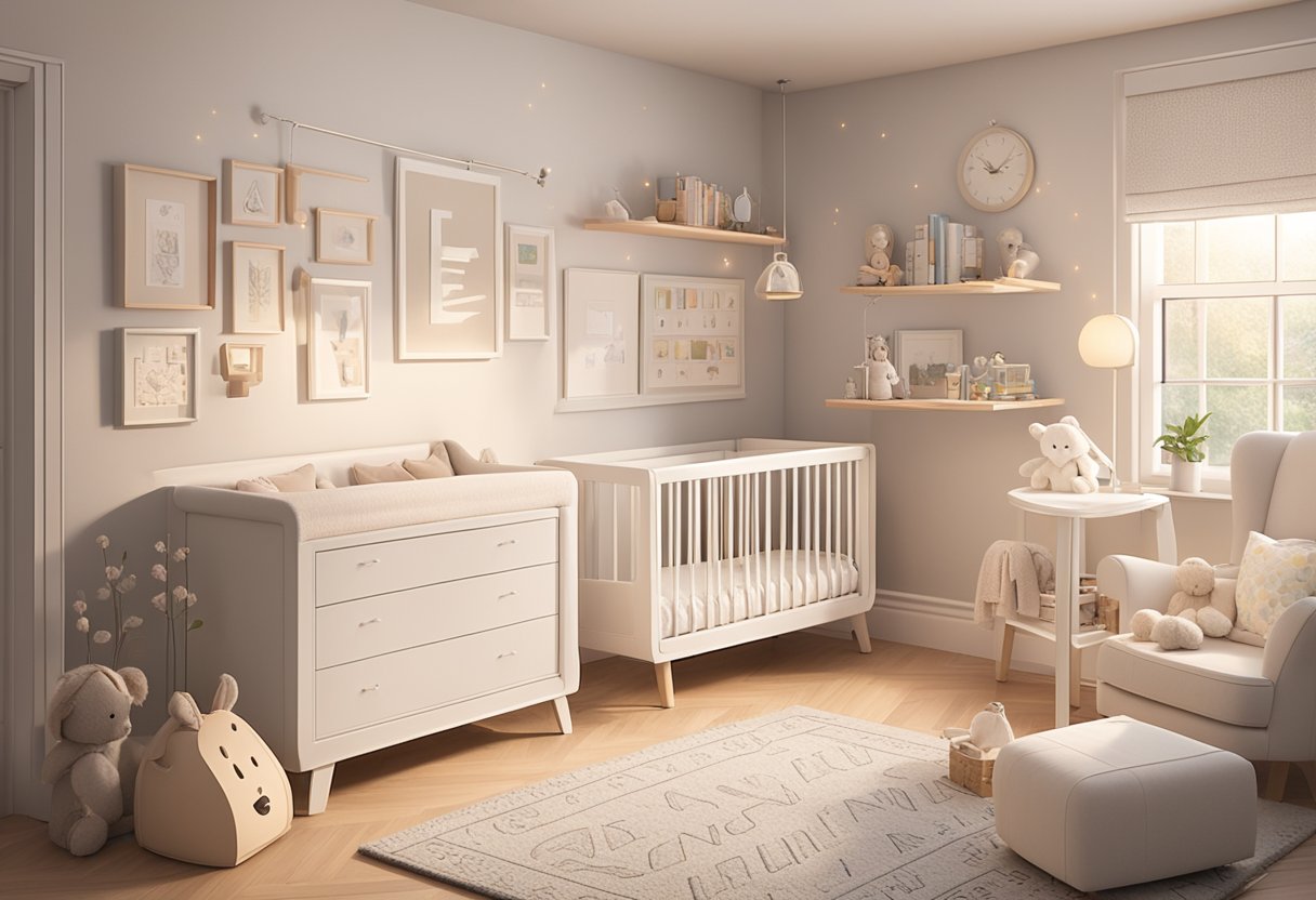 A cozy nursery with a shelf of baby name books, a soft rug, and a mobile of letters spelling out "Evie."