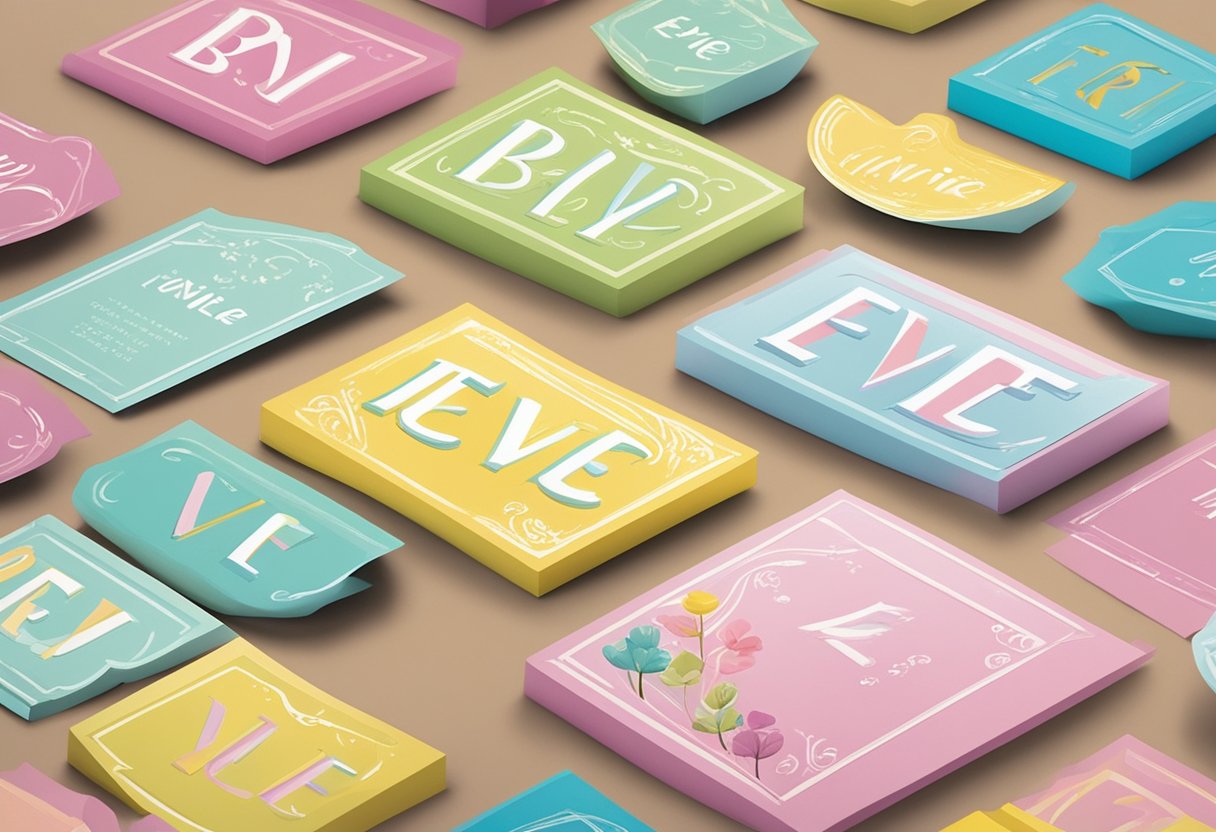A colorful array of baby name cards, with "Evie" standing out in bold lettering