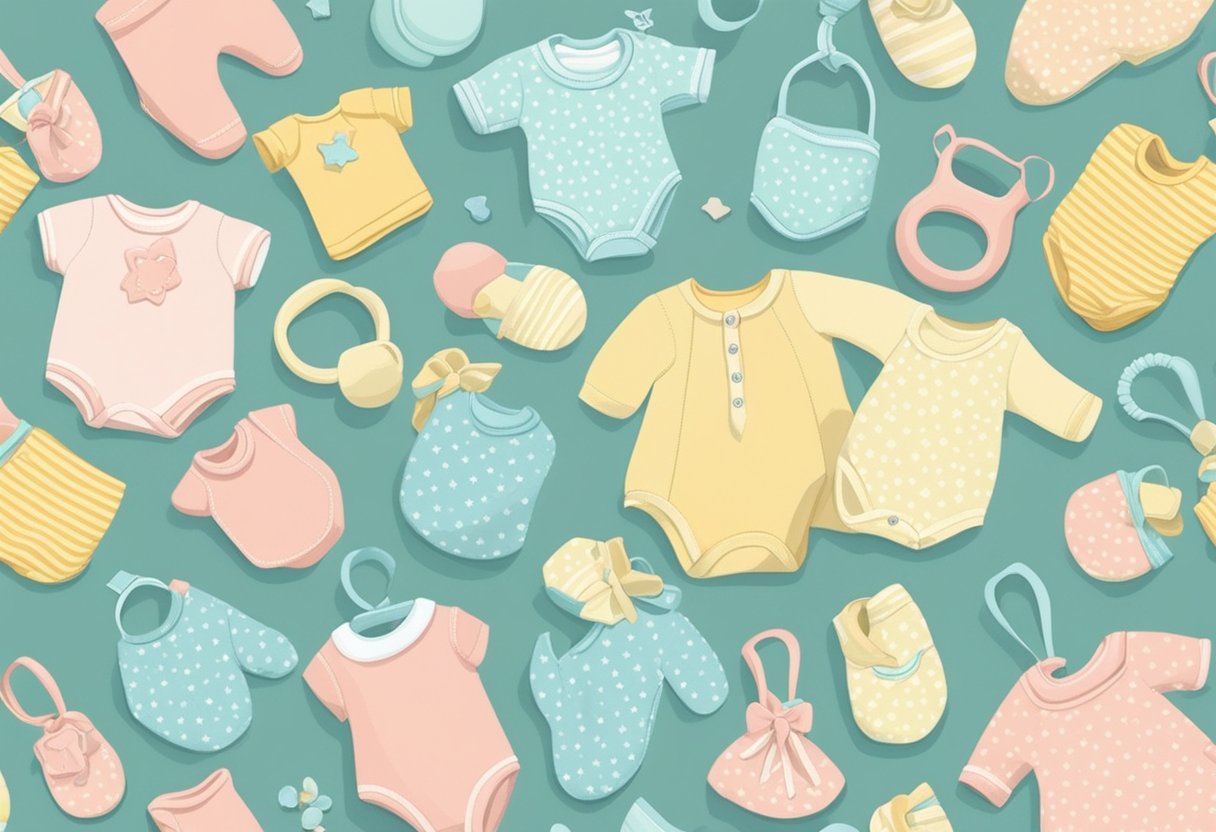 A collection of baby items like rattles, bibs, and onesies arranged on a soft pastel background