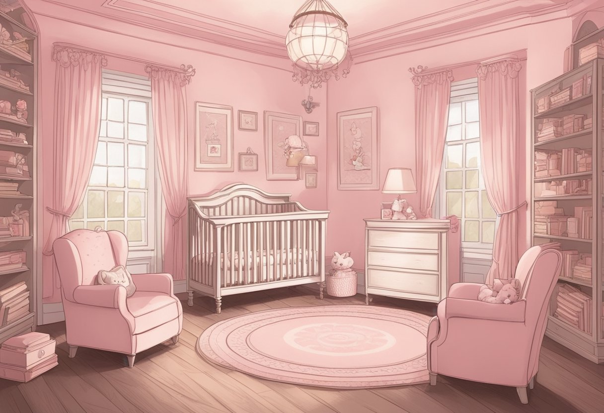 A nursery with vintage baby name books and a soft pink color scheme