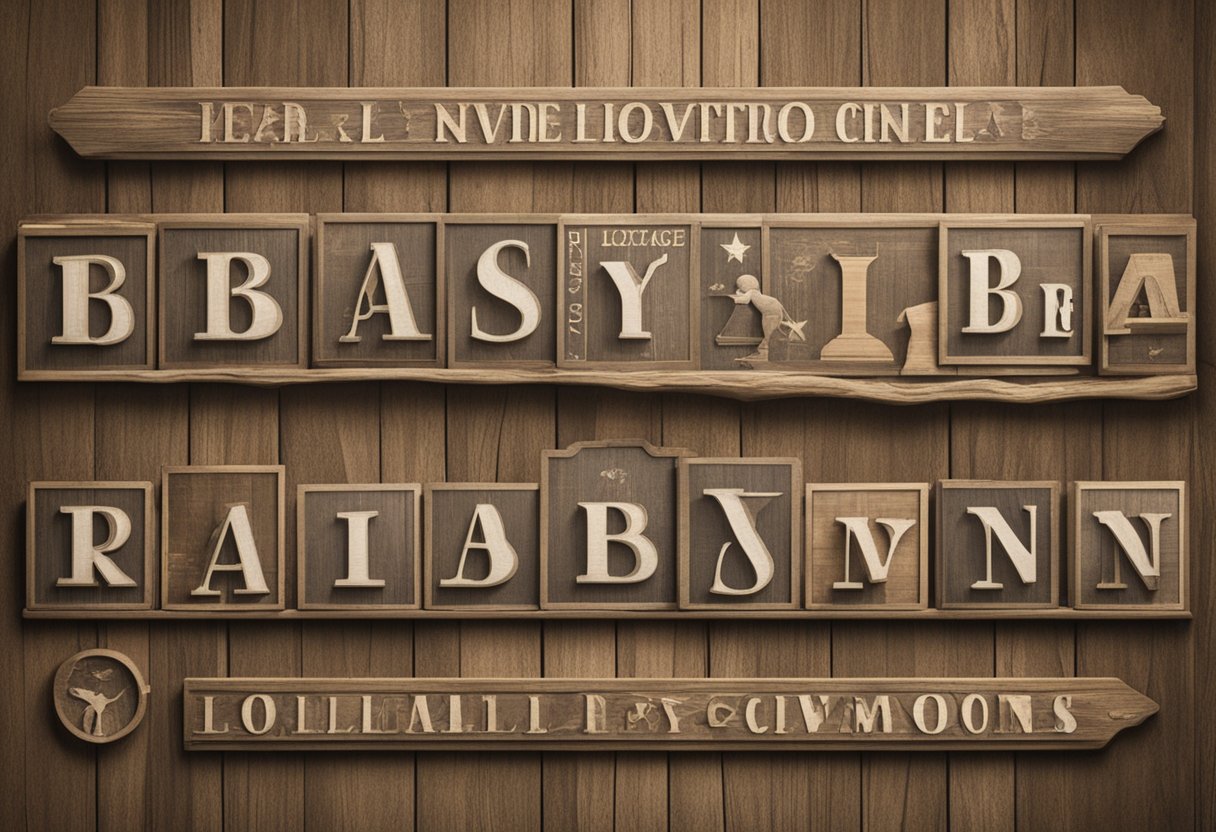 A collection of vintage baby names displayed on a rustic wooden sign