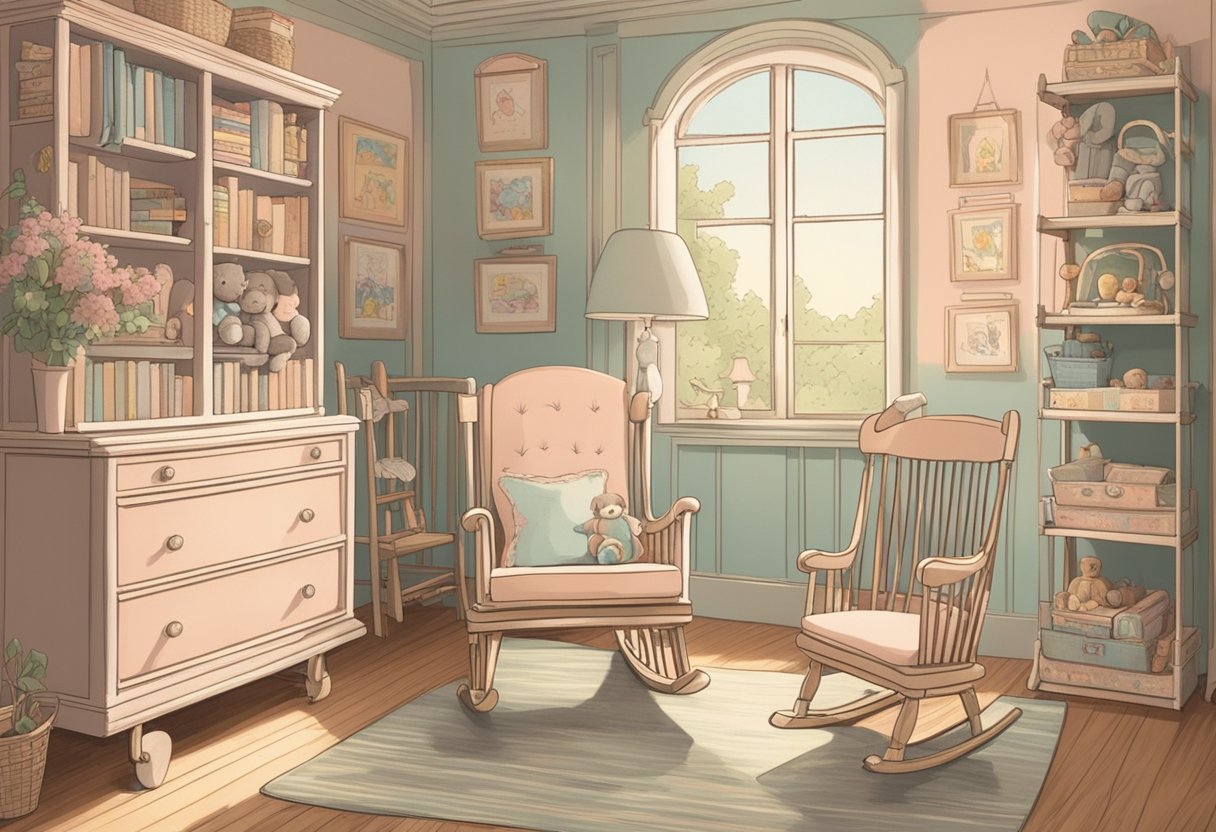 A vintage nursery with a shelf of baby name books, a rocking chair, and soft pastel colors