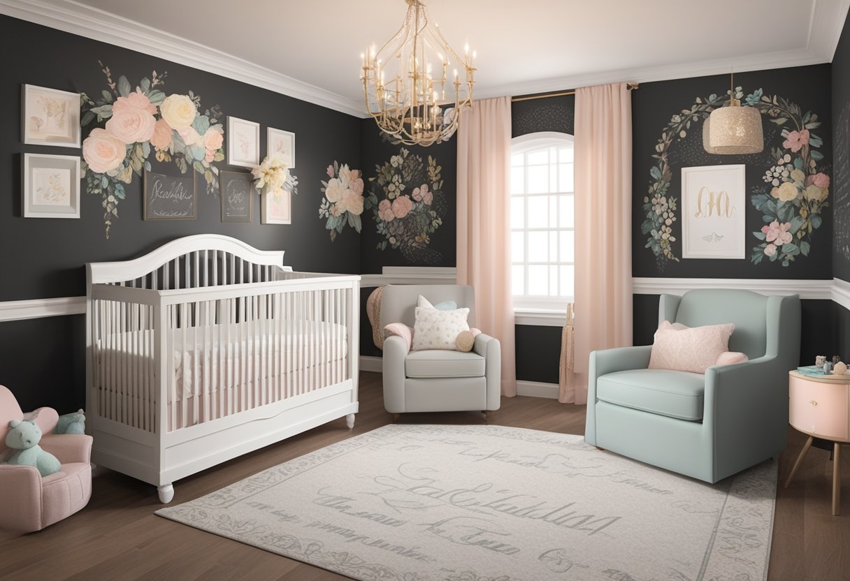 A vintage-inspired nursery with a chalkboard wall filled with classic girl baby names in elegant script, surrounded by soft pastel colors and delicate floral accents