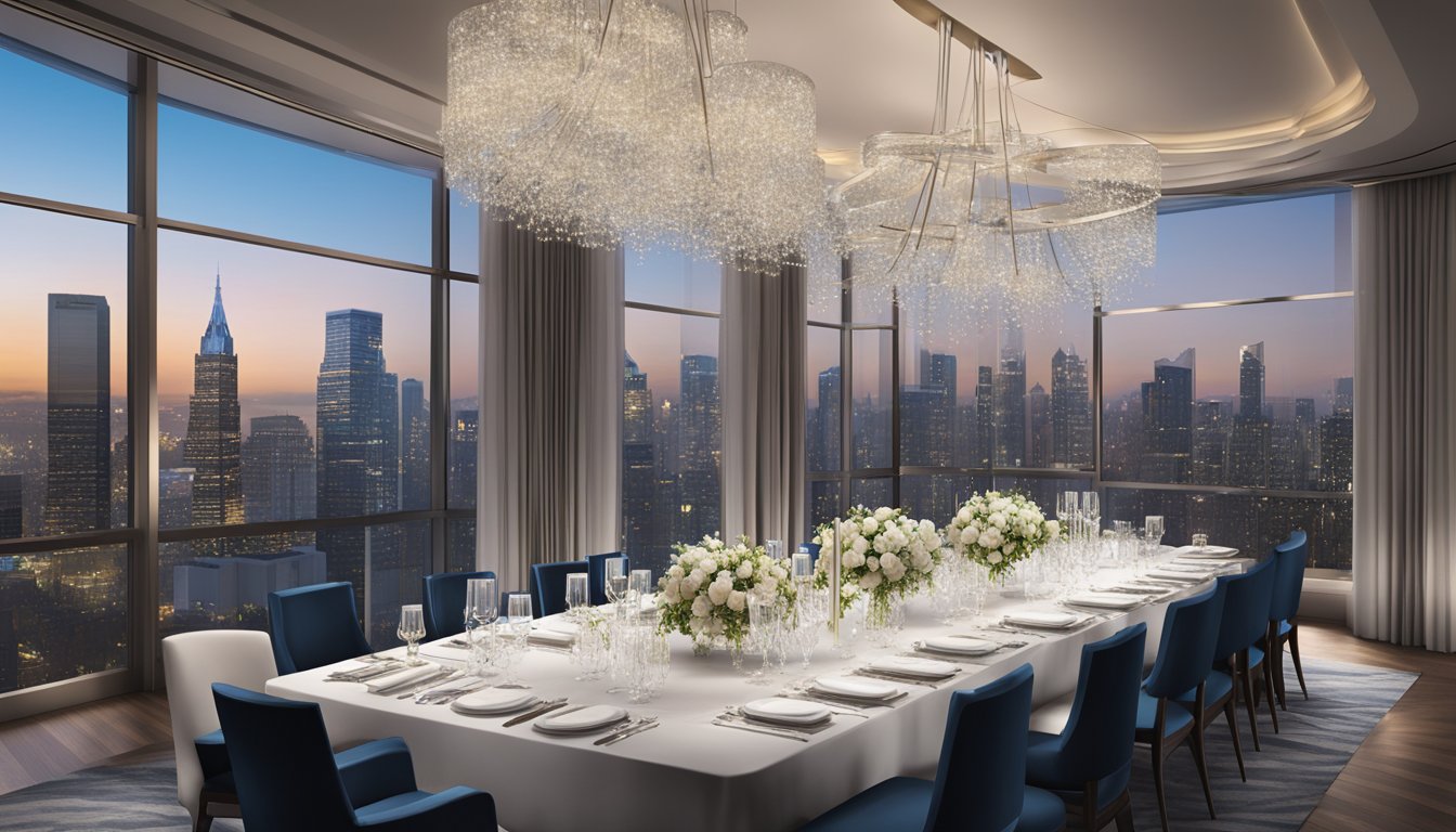 A grand chandelier illuminates a modern, elegant dining room with floor-to-ceiling windows overlooking a city skyline. Tables are set with sparkling glassware and sleek silverware, while plush chairs invite guests to enjoy an unforgettable dining experience at Amara Hotel